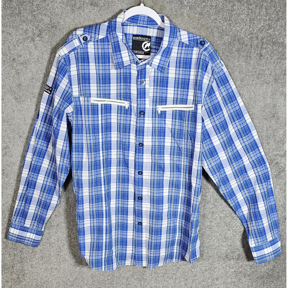 Ecko Unltd‎ Shirt Mens Size XL Blue Plaid Button Up Zipper Pockets Long Sleeve